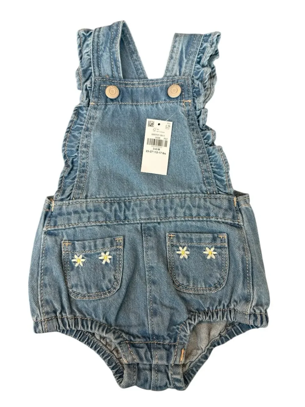 Old Navy Baby Girls Denim Bubble Romper 3-6M Daisy Embroidered Ruffle Overalls